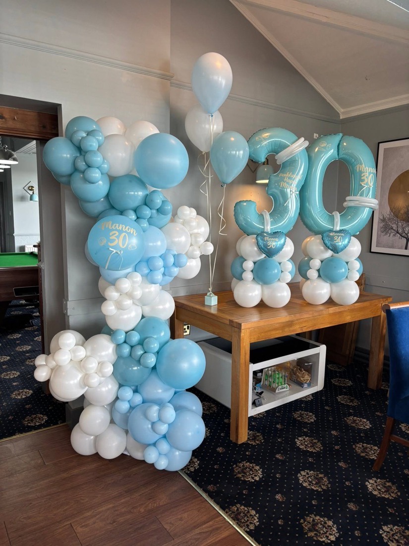 Pale blue and white balloon garland with giant 30 numbers