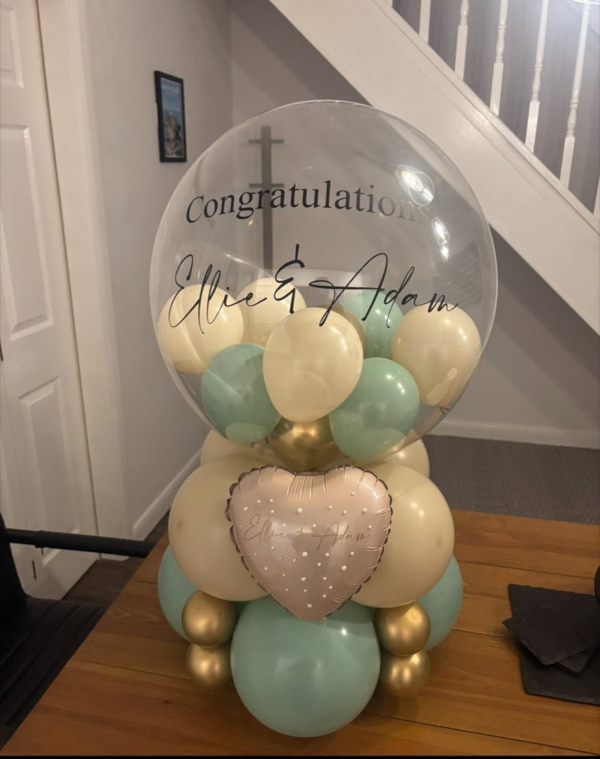 Personalised congratulations bubble balloon filled with sage, cream and heart balloons